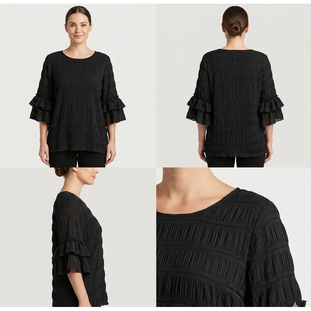 Alfani Blouse Top Womens L Black Scoop Neck Pleated Tiered Ruffle Sleeve Stretch